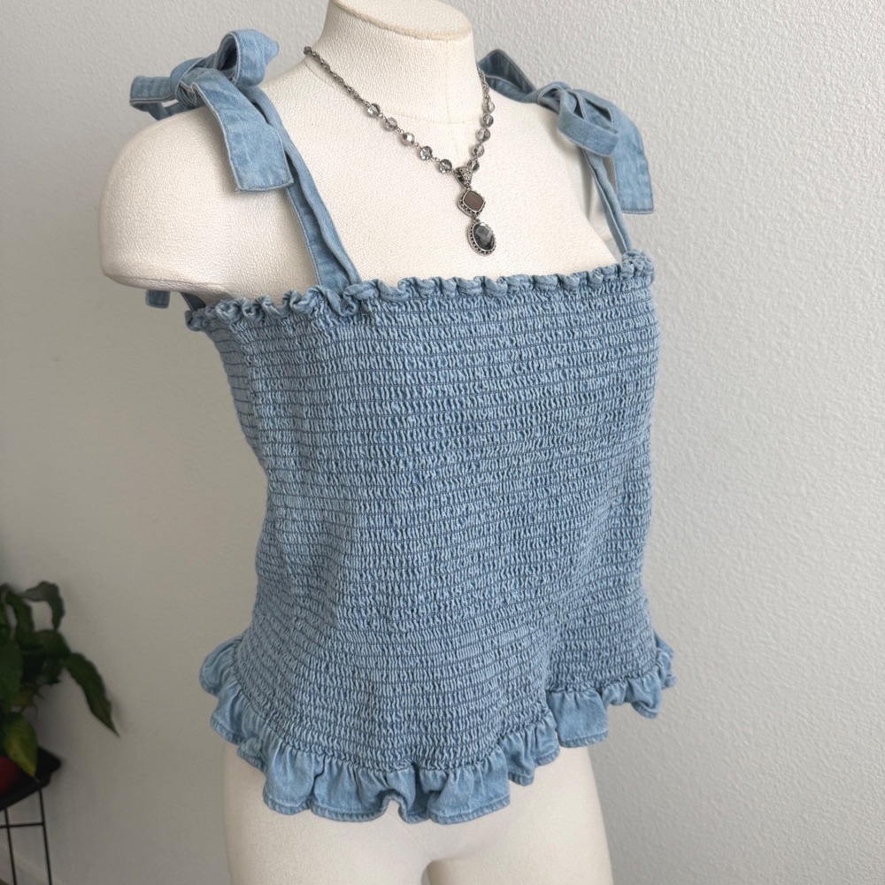 American Eagle Denim Smocked Tie Shoulder Ruffle Top XXL Western chic stretch